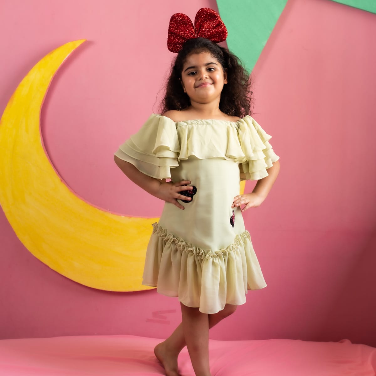 Thiya Green Layered Off Shouldered Dress With Mickey motif