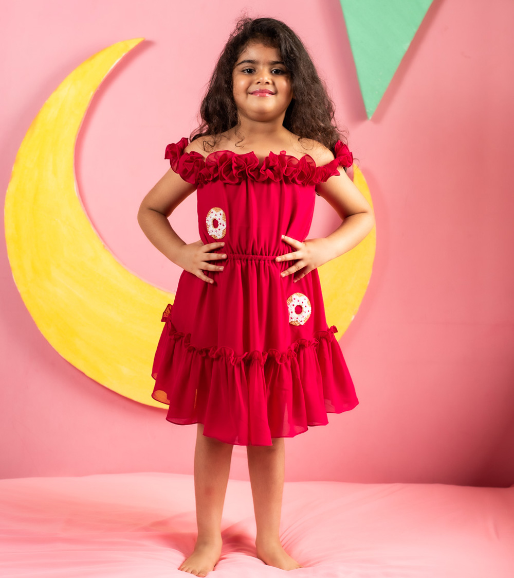 Thiya Hot Pink Layered Ruffled Dress With Donut Motif