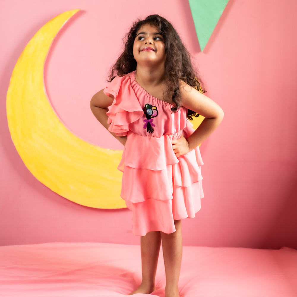 Thiya Pink Layered One Sided Shouldered Dress With Baloons Motif