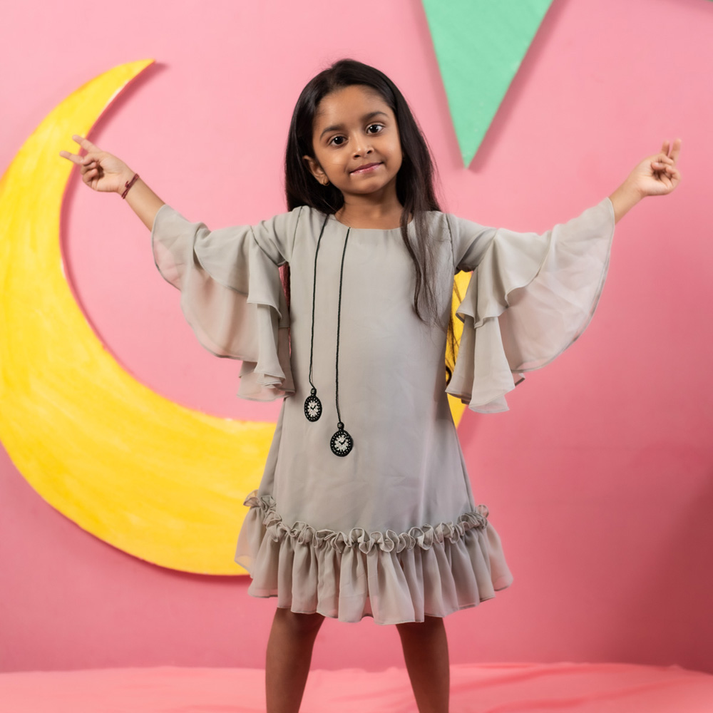 Thiya Grey Layered Ruffled Dress With Clock Motif