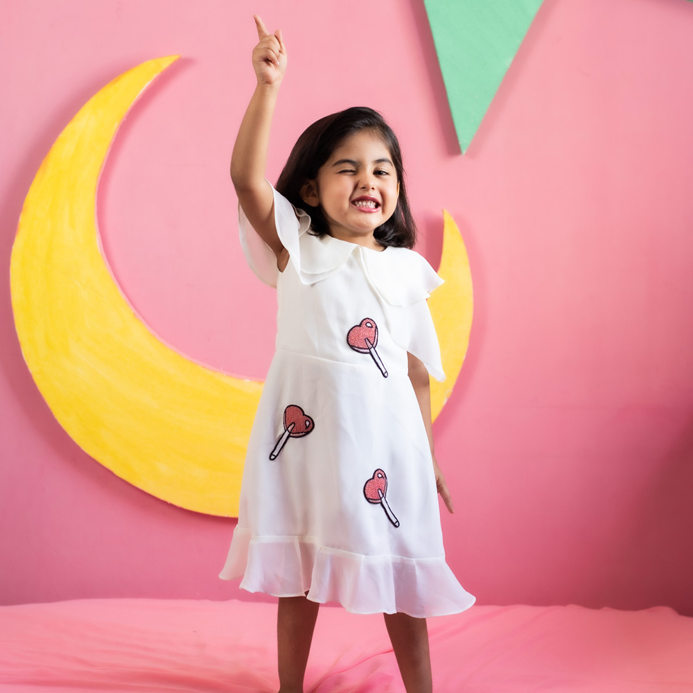 Thiya Off White Layered Cold Shouldered Dress With Popsicle Motif