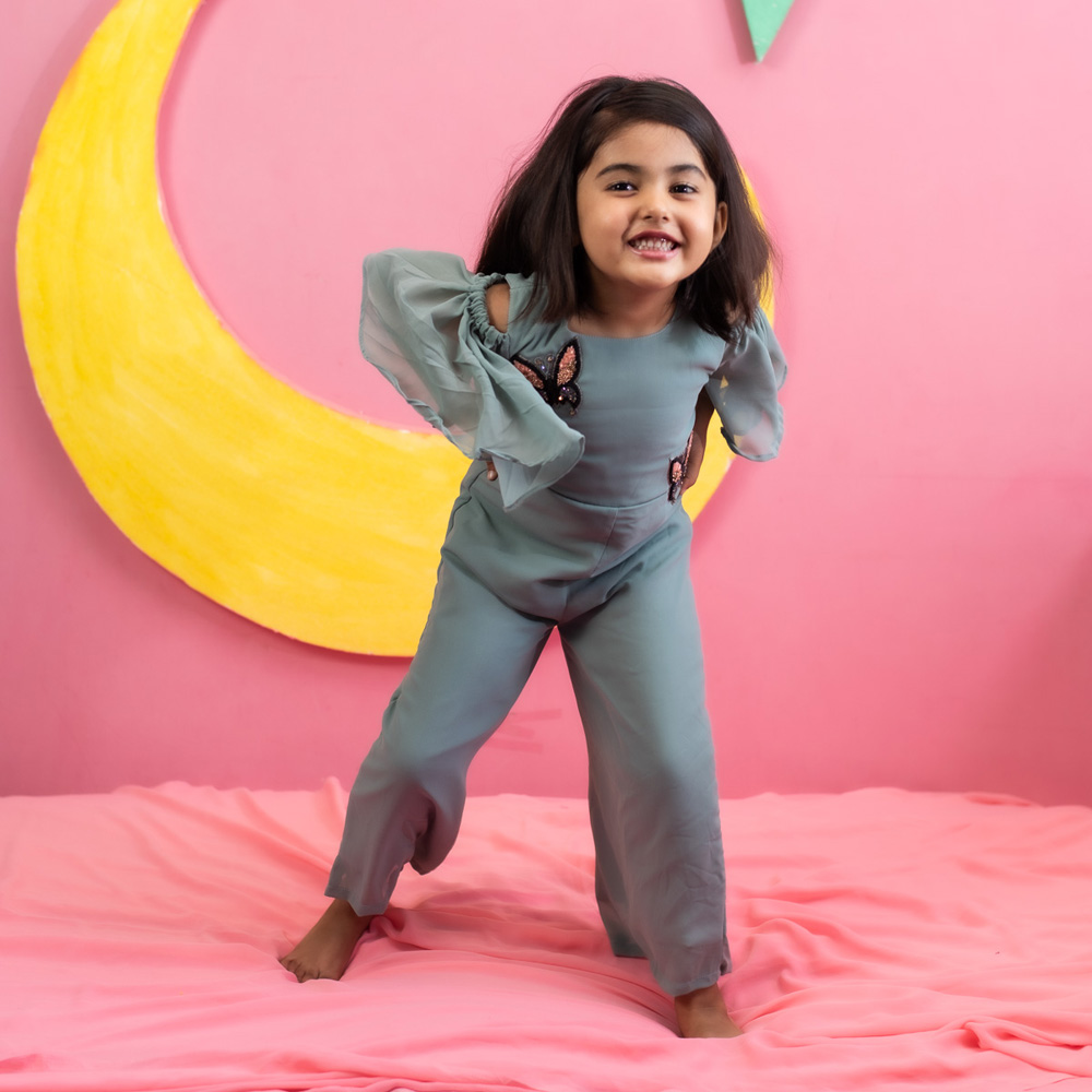 Thiya Green Ruffled Sleeves Jumpsuit With Butterfly Motif