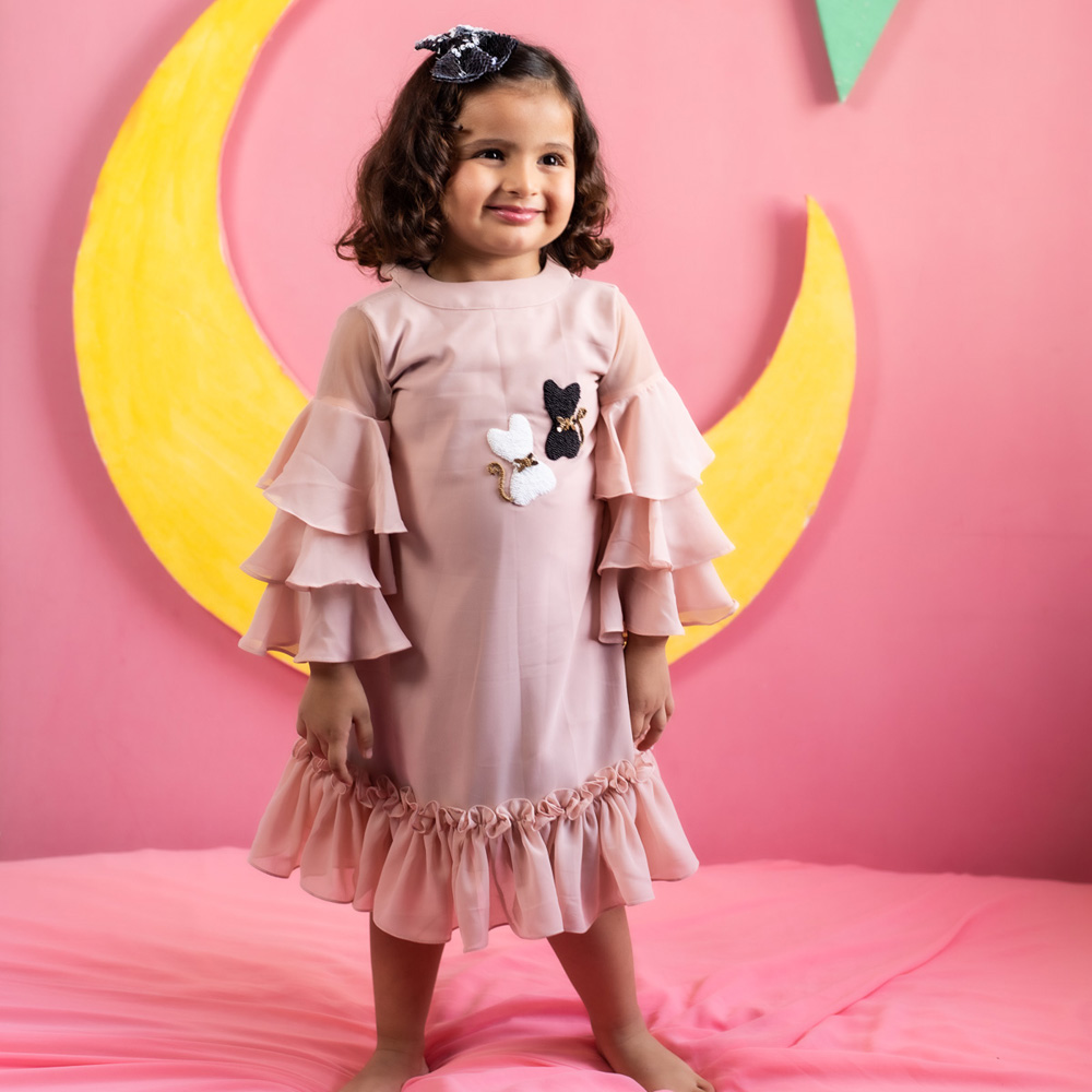 Thiya Peach Layered Ruffled Dress With Classy Cats Motif