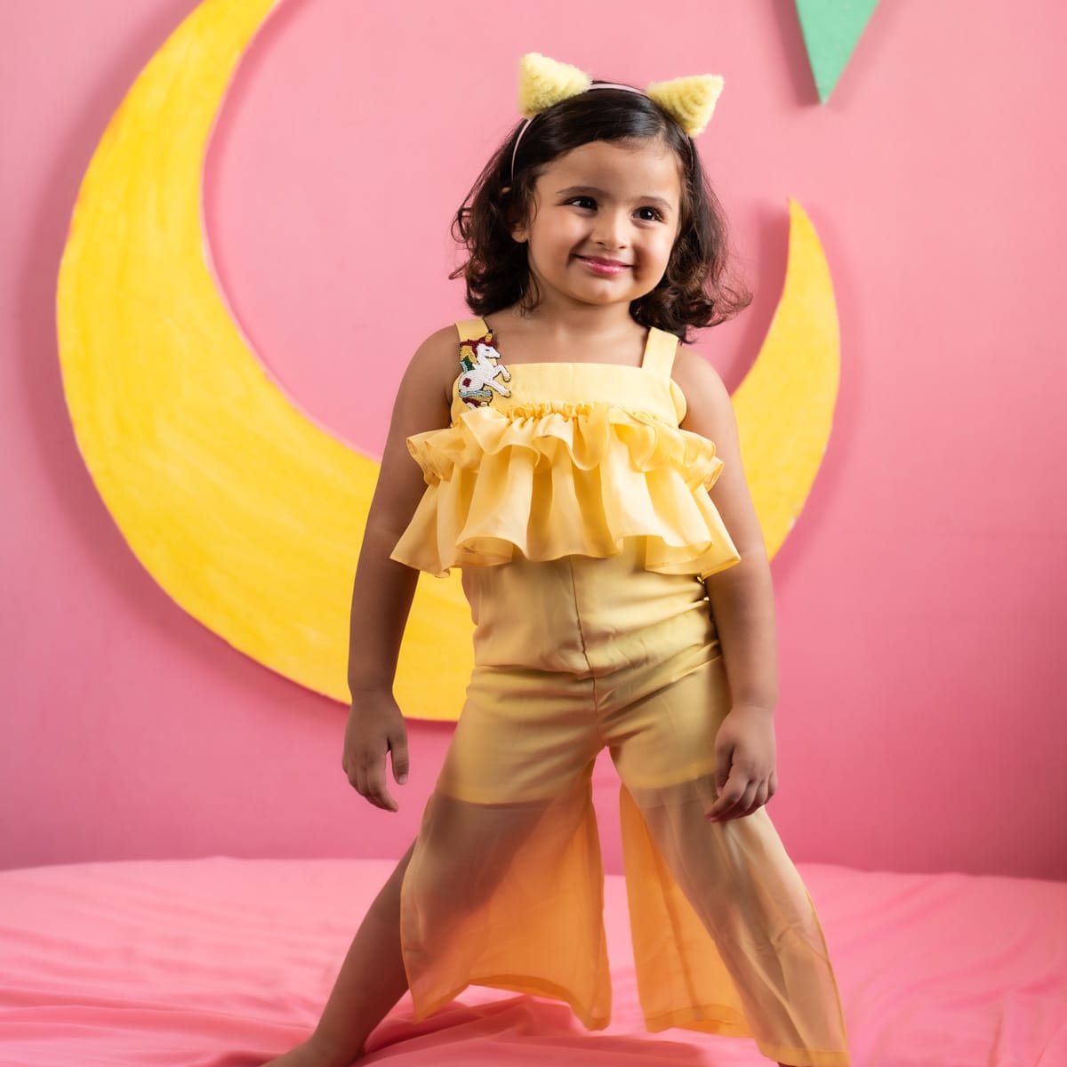 Thiya Yellow Layered Ruffled Jumpsuit With Unicorn Motif