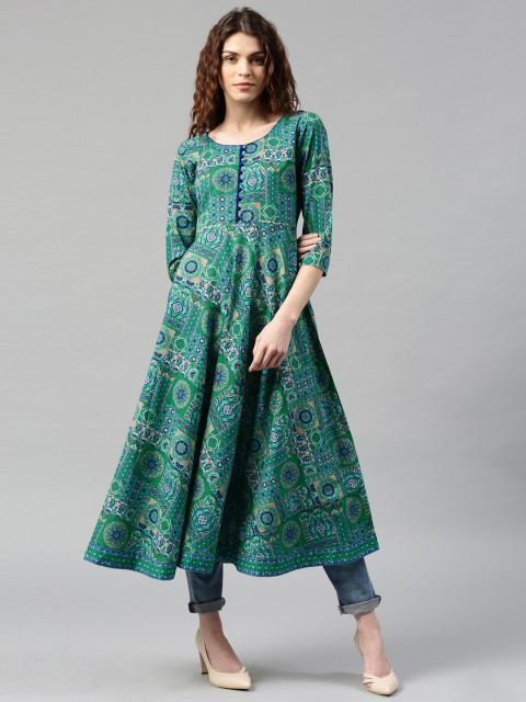 Libas Women Blue & Green Printed Anarkali Kurta