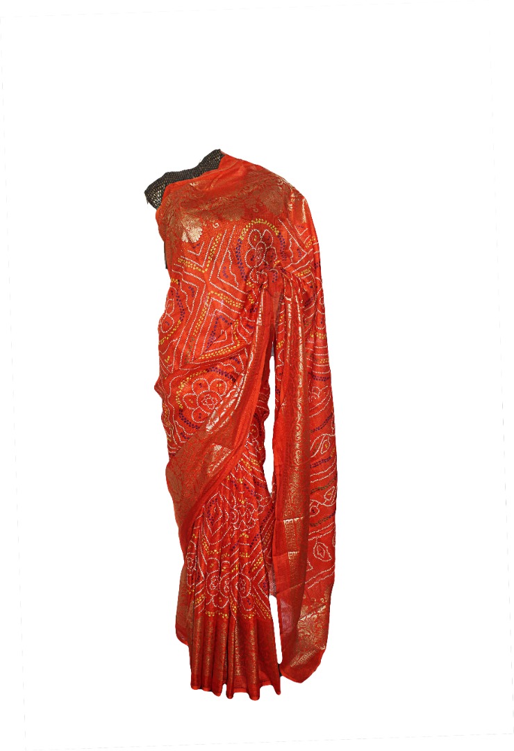 Trendy Bandhani Bandhej Golden Border Kota Doria Orange Color Sari