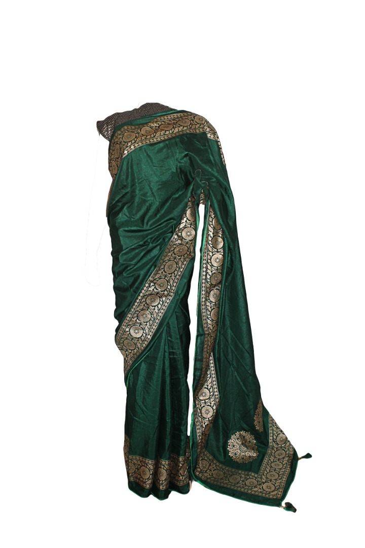 Trendy Golden Print Silk Dark Green Color Designer Sari
