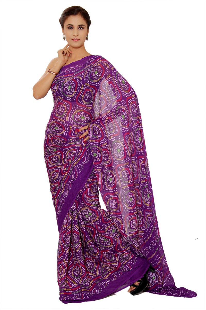 Purple Color Crepe Bandhani Bandhej Chunri Saree
