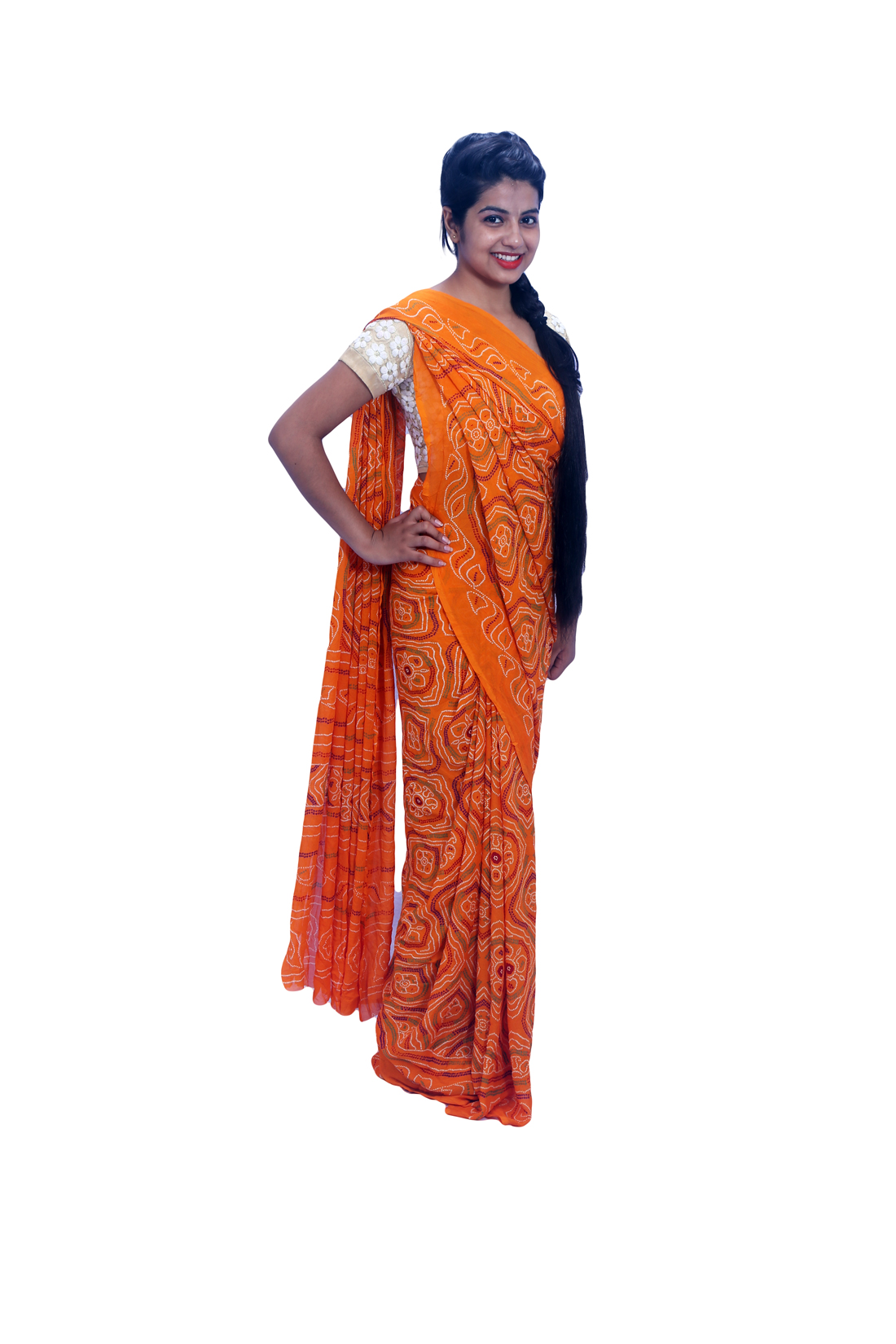 Orange Color Crepe Bandhani Bandhej Chunri Saree
