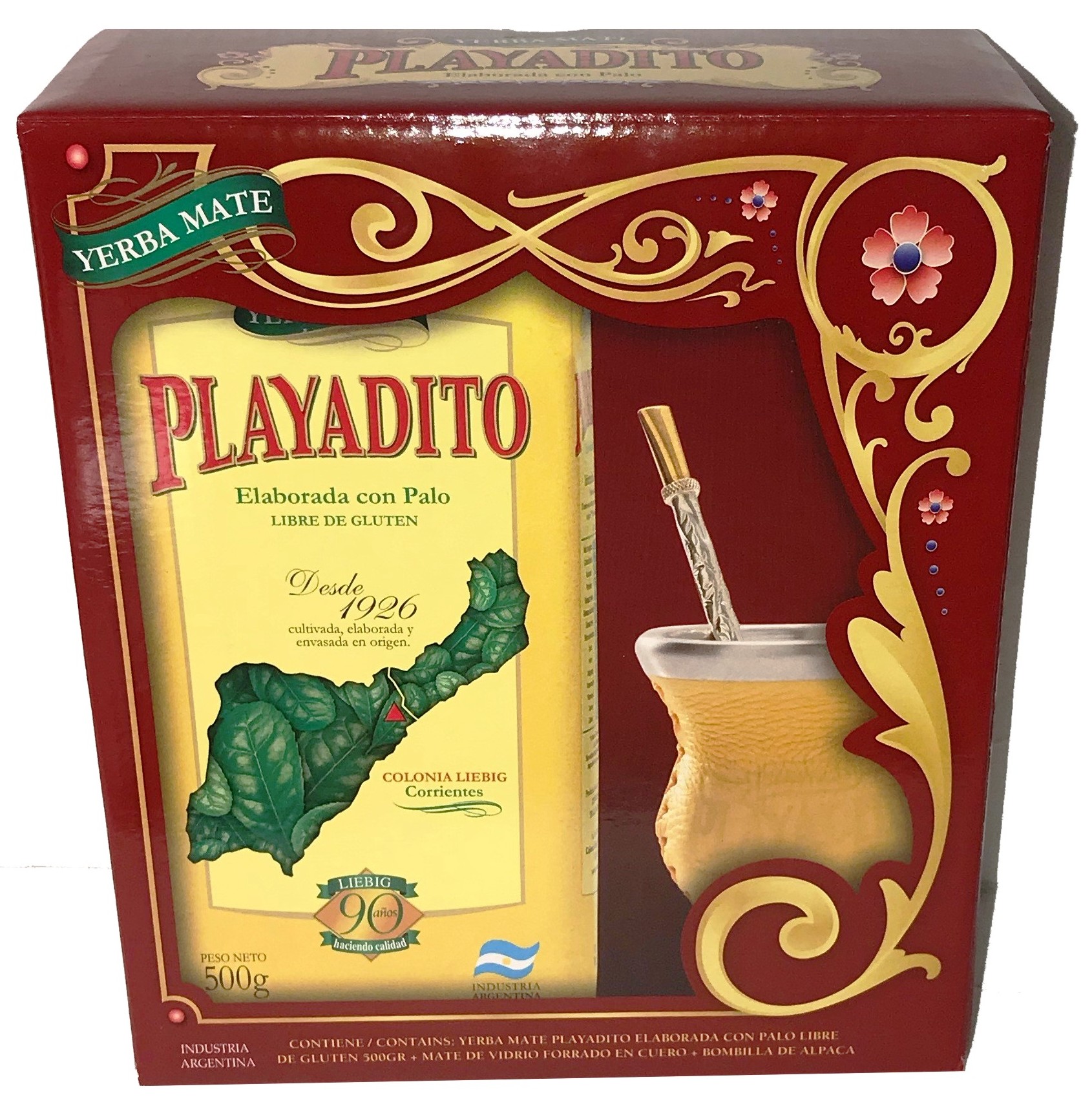 Kit Yerba Playadito 500 g con Mate y bombilla de Alpaca x 5 unid