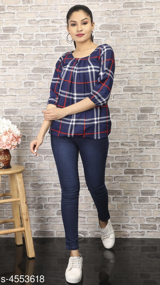 Women's Checked Blue Crepe Top