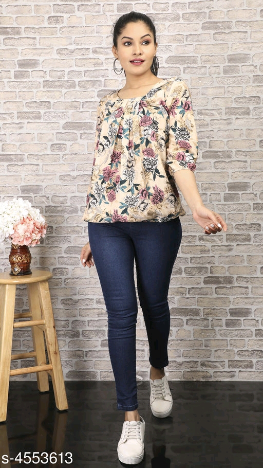 Women's Printed Beige Crepe Top