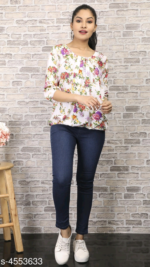 Women's Printed White Crepe Top