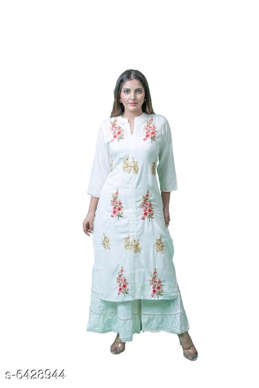 Women's Embroidered White Rayon Kurti