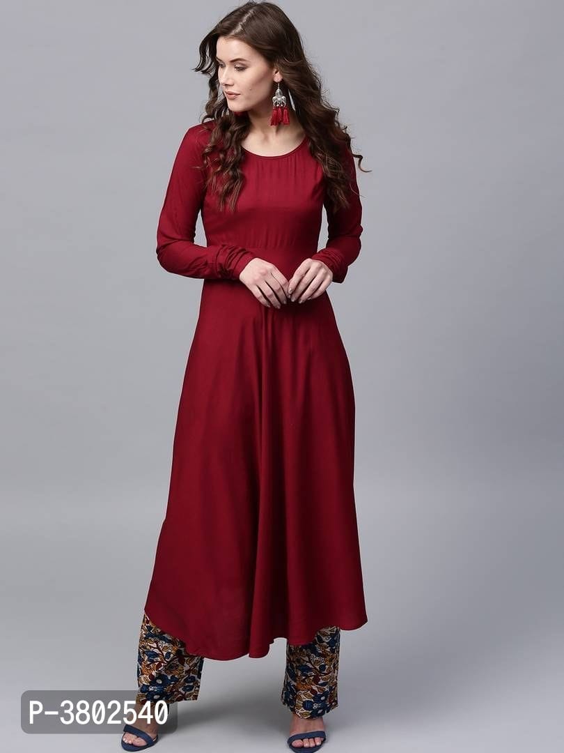Stylish Maroon Solid Rayon A-Line Kurta