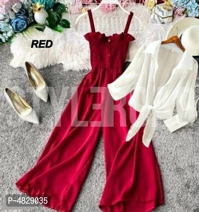 StyleRoad Solid Rayon Jumpsuit & White Shrug Set