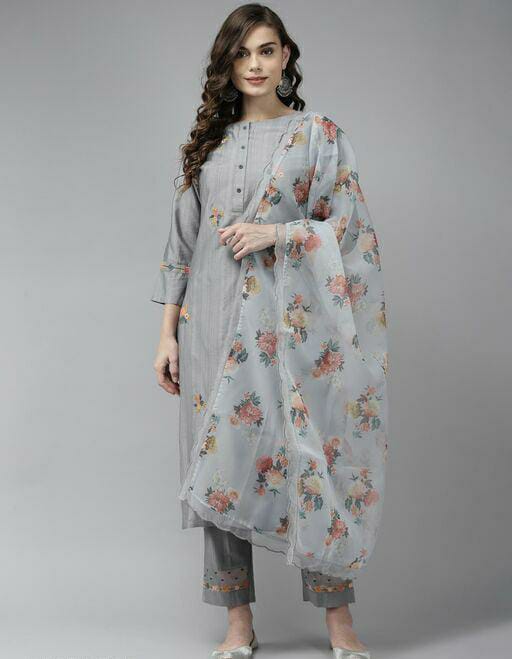 Embroidered Straight Kurta Trouser With Dupatta Set