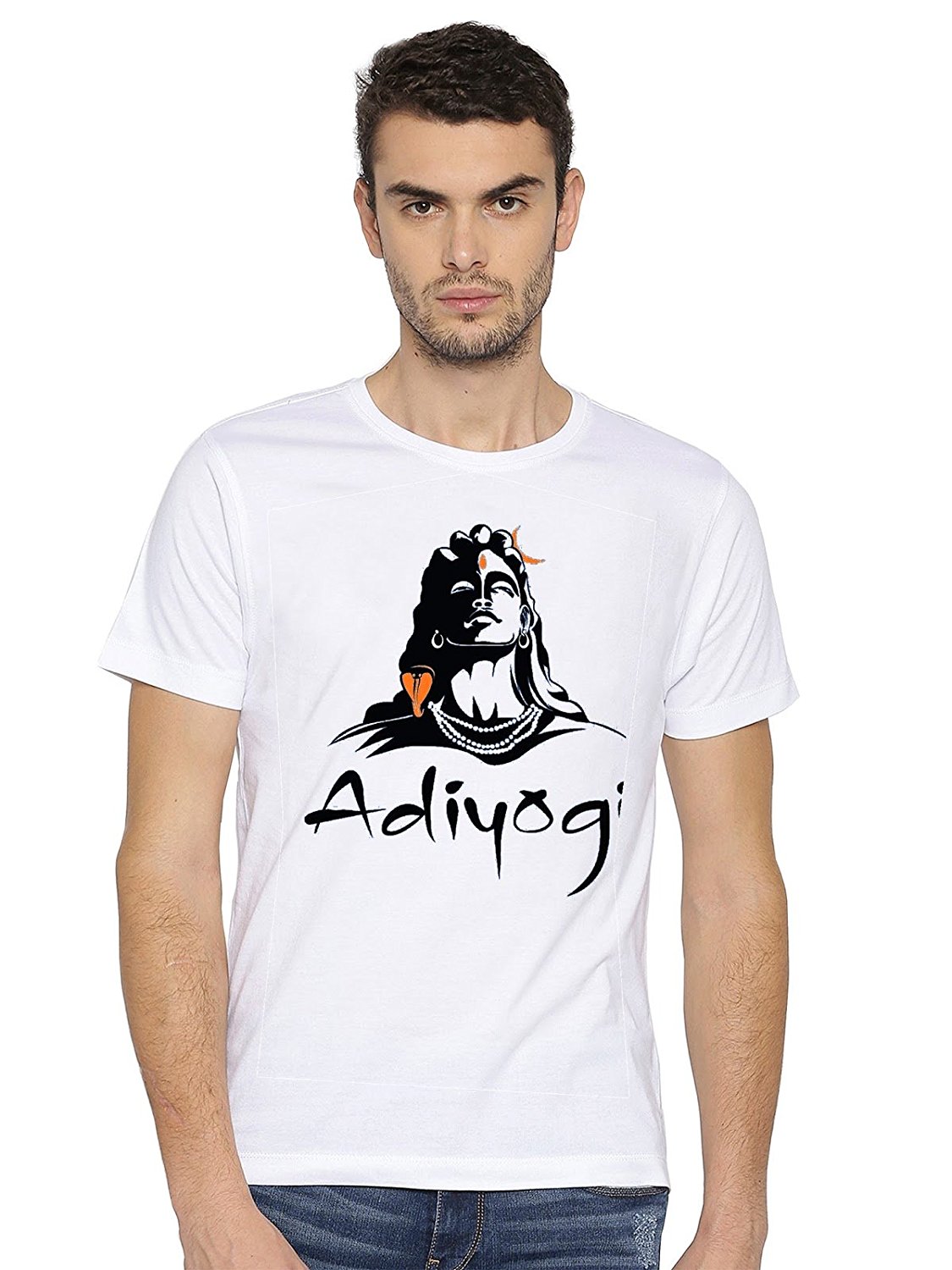 DOUBLE F ROUND NECK HALF SLEEVE WHITE COLOR ADIYOGI PRINTED T-SHIRT FOR MEN