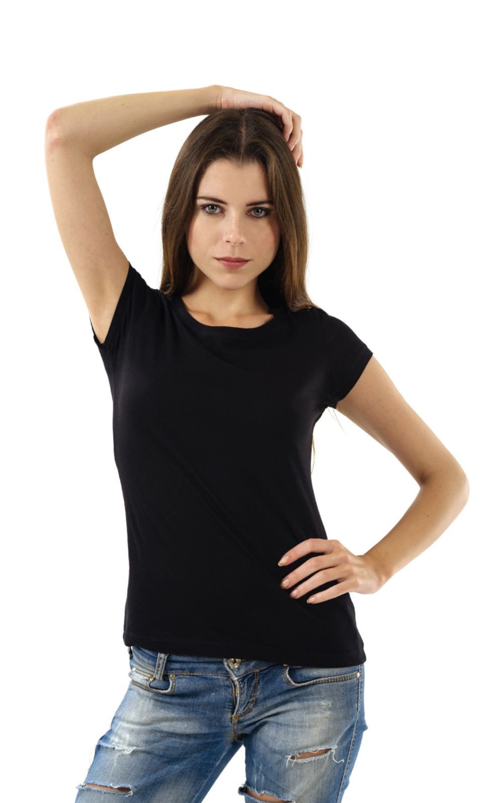 DOUBLE F ROUND NECK HALF SLEEVE BLACK COLOR PLAIN T-SHIRT FOR WOMEN