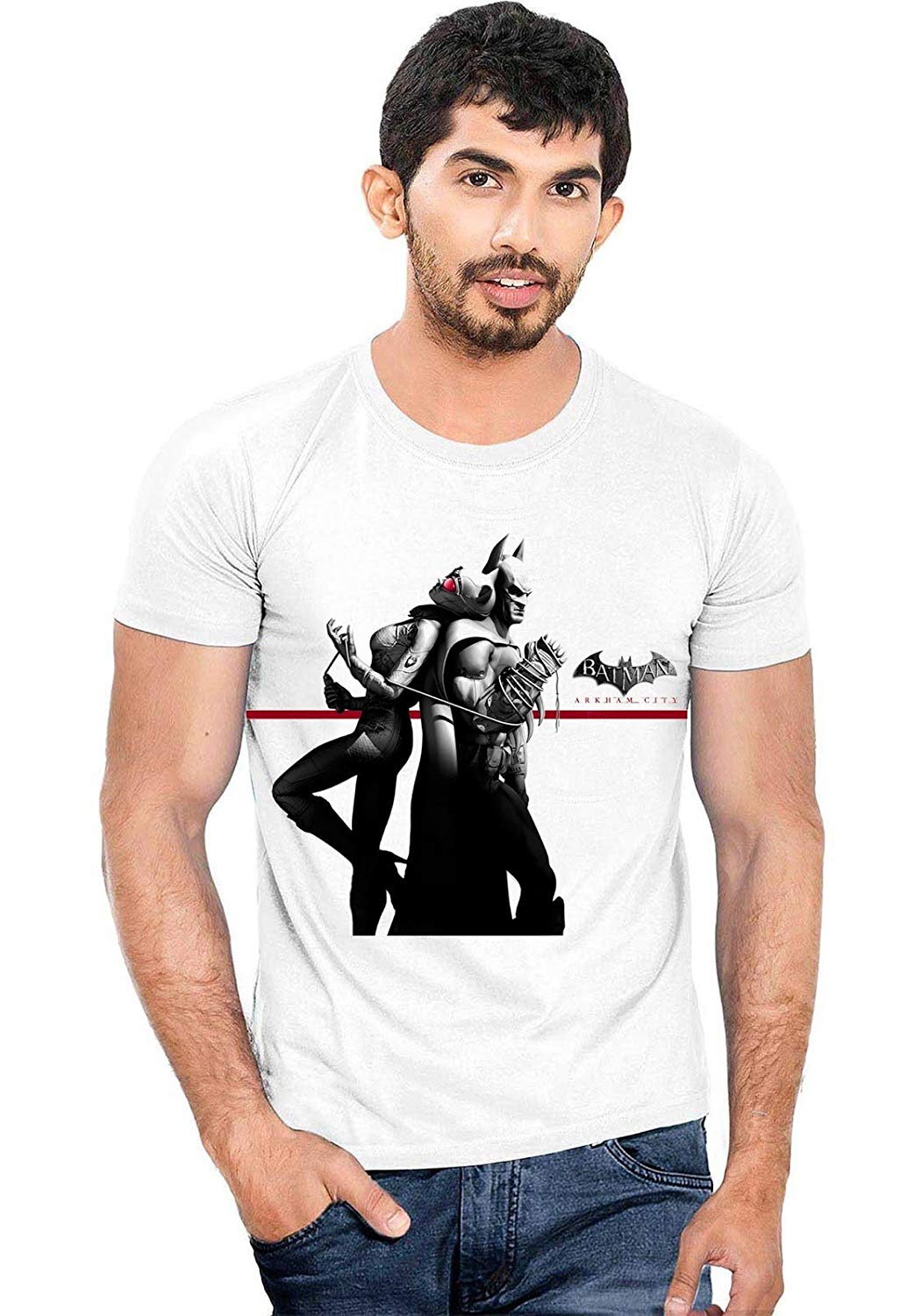 DOUBLE F ROUND NECK HALF SLEEVE WHITE COLOR BAT MAN PRINTED T-SHIRT FOR MEN