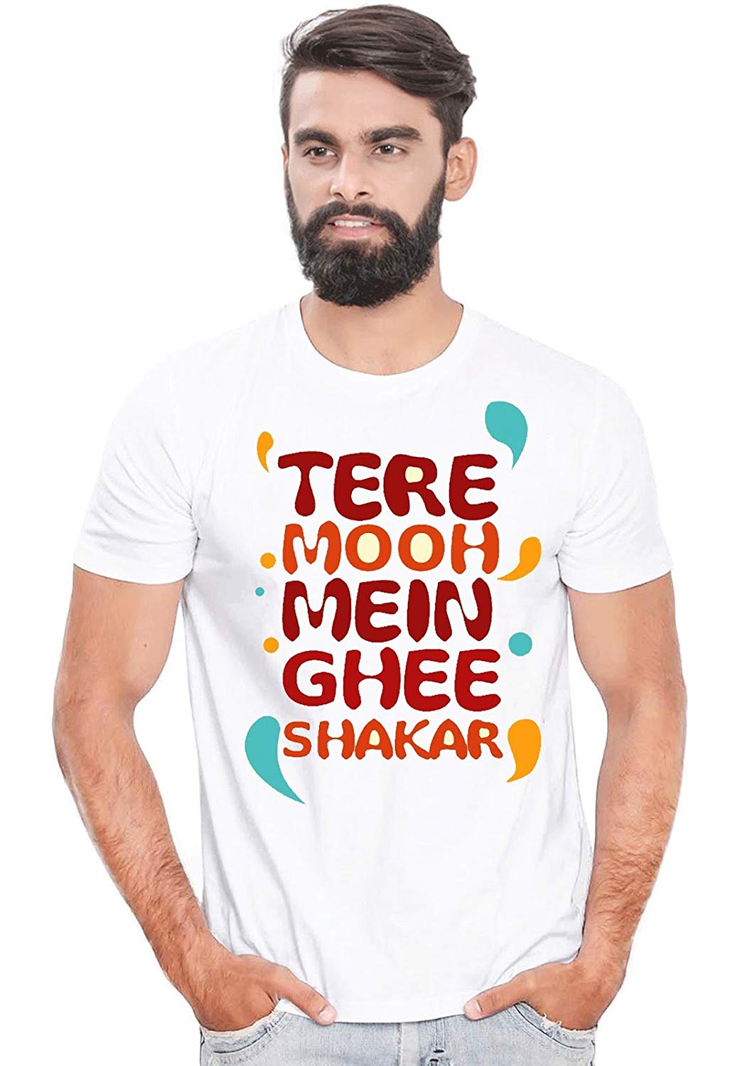 DOUBLE F ROUND NECK HALF SLEEVE WHITE COLOR TERE MOOH ME GHEE SHAKAR PRINTED T-SHIRT FOR MEN