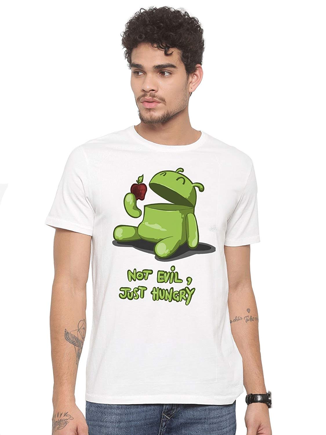 DOUBLE F ROUND NECK HALF SLEEVE WHITE COLOR NOT EVIL JUST HUNGER PRINTED T-SHIRT FOR MEN