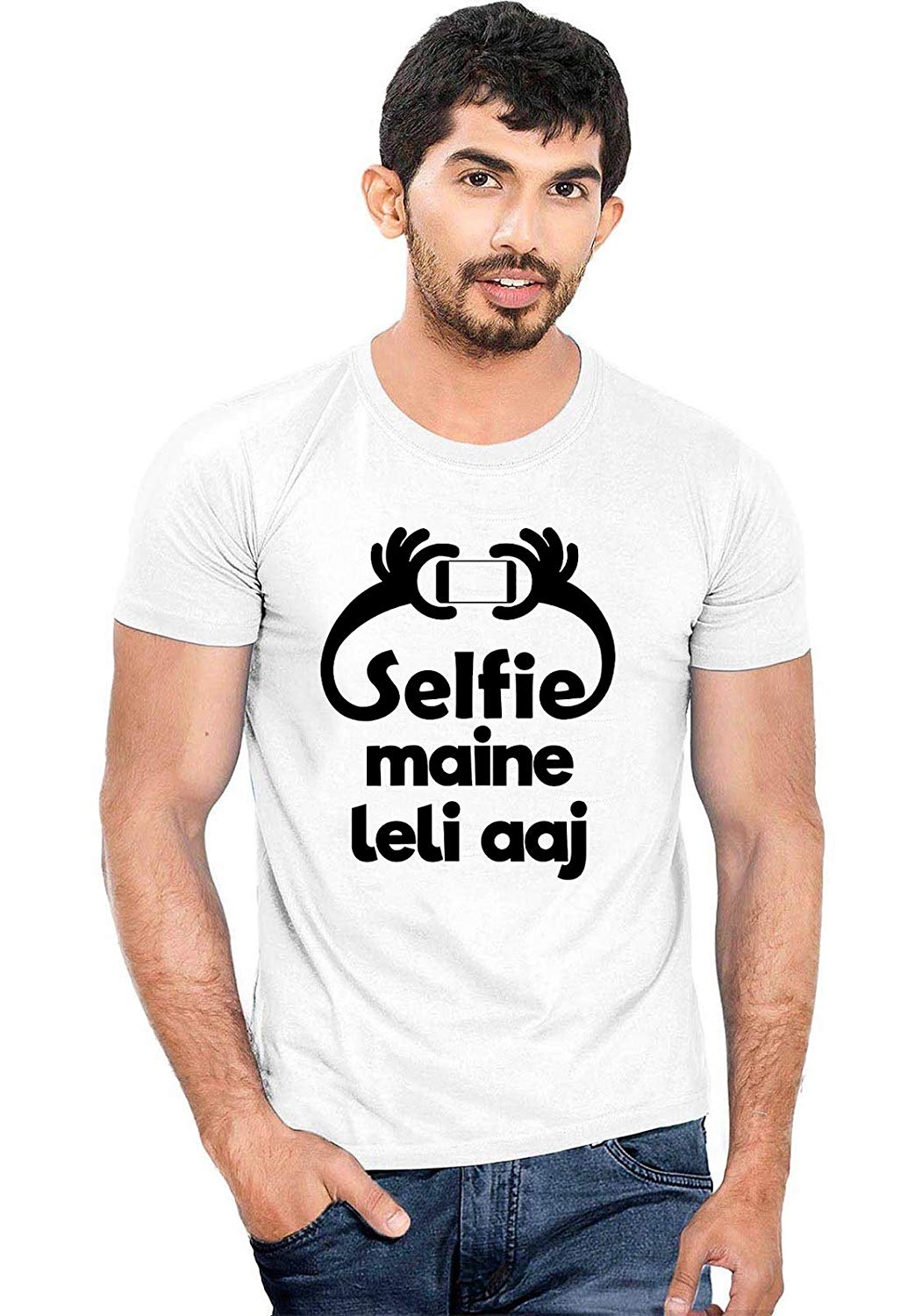 DOUBLE F ROUND NECK HALF SLEEVE WHITE COLOR SELFI MENE LELI AAJ PRINTED T-SHIRT FOR MEN