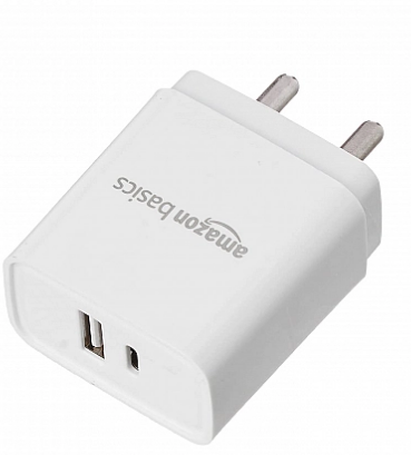 AmazonBasics 18W Dual Port USB Type C and USB Type A Fast Charging Wall Charger for Cellular Phones, Game White