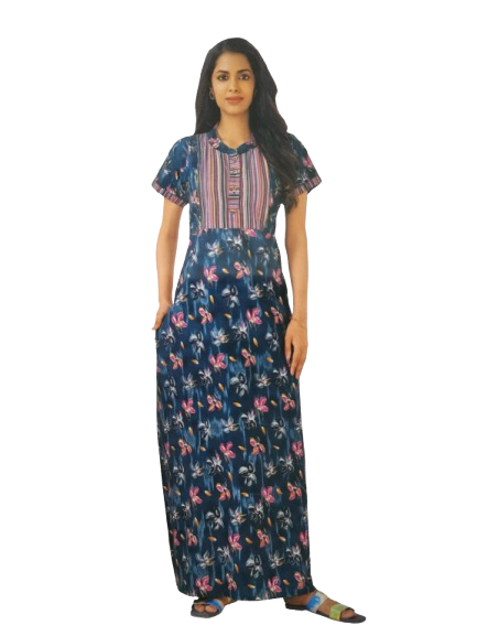 Pranjul Pure Cotton Printed Stitched Nighty Gown Maxi Size for Women | Stylish & Trendy Long Gown | (Blue,NTY_11_P)