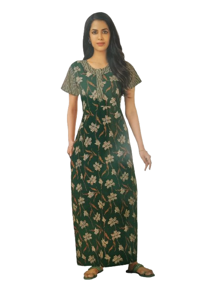 Pranjul Pure Cotton Printed Stitched Nighty Gown Maxi Size for Women | Stylish & Trendy Long Gown | (Green,NTY_11_P)