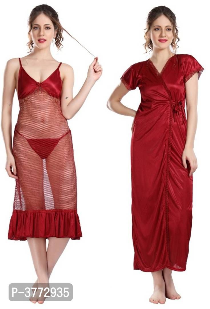 Satin & Net Sexy Night Dress Combo With Panty  