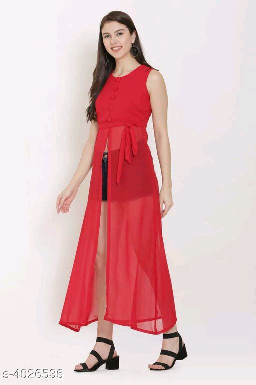 Red Knee length Poly Georgette Dress 