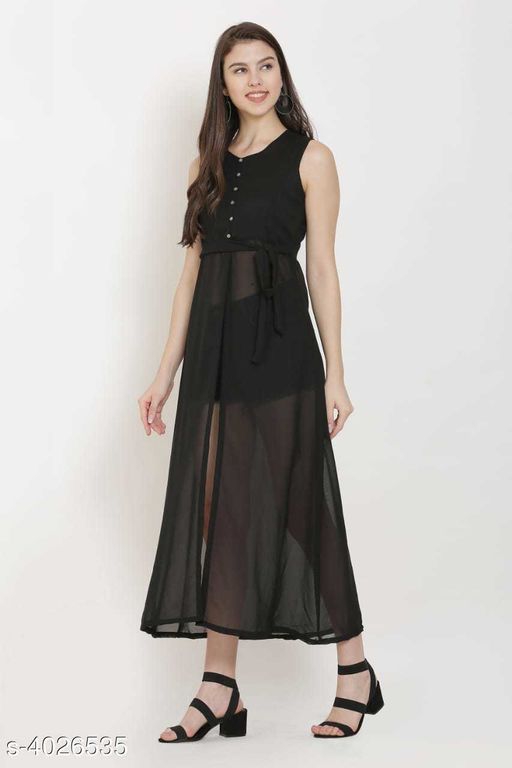 Black Knee length Poly Georgette Dress 
