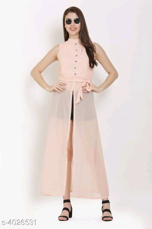 Peach Knee length Poly Georgette Dress 