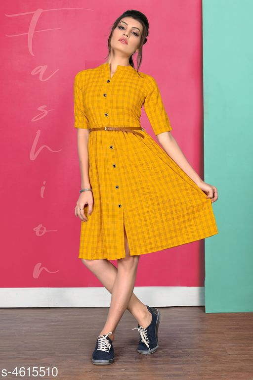 Checked Yellow Knee length Cotton Dress 