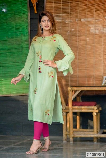 Luxurious Rayon Embroidered Calf Length Kurt