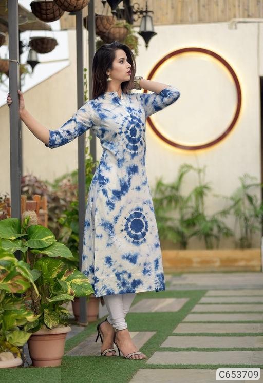 Cotton Shibori Print with Button Straight Knee Length Casual Kurtis