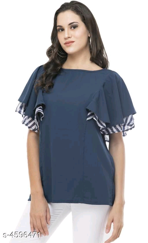 Women Navy Blue Printed Top Fabric: Crepe Sleeve 