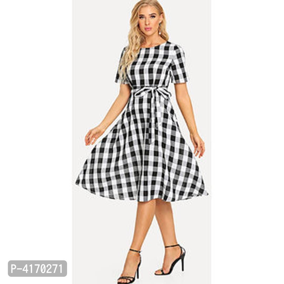 Stylish Multicoloured Crepe Checked Dress For Women 