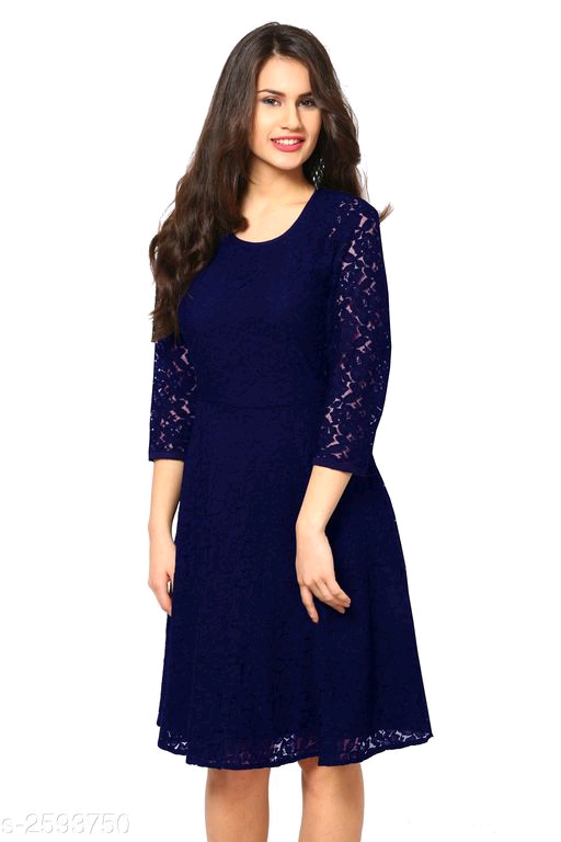 Lace Blue Knee length Net Dress 