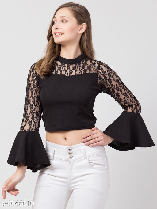 Women's Solid Black Cotton Blend Top