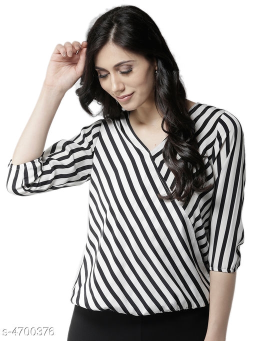 Women's Striped White Polyester Top 
