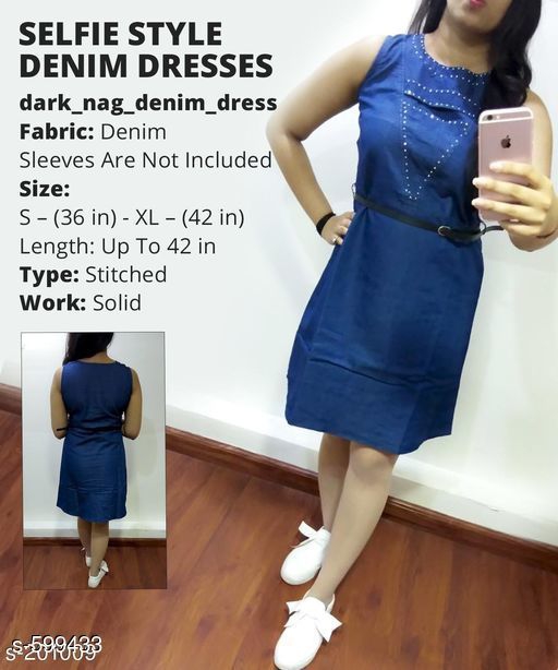 Solid Navy Blue Knee length Denim Dress 
