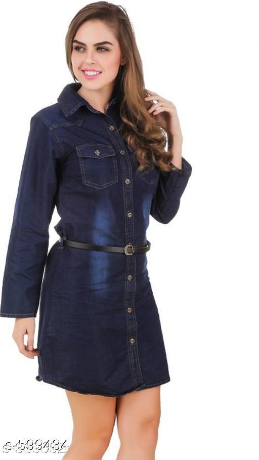Dyed/ Washed Navy Blue Above Knee Denim Dress 