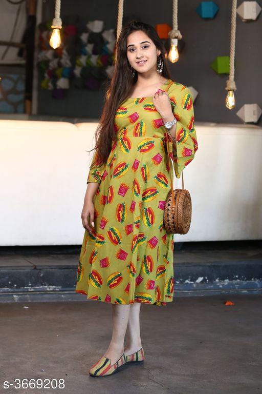 Women's Printed Green Cotton Dress 