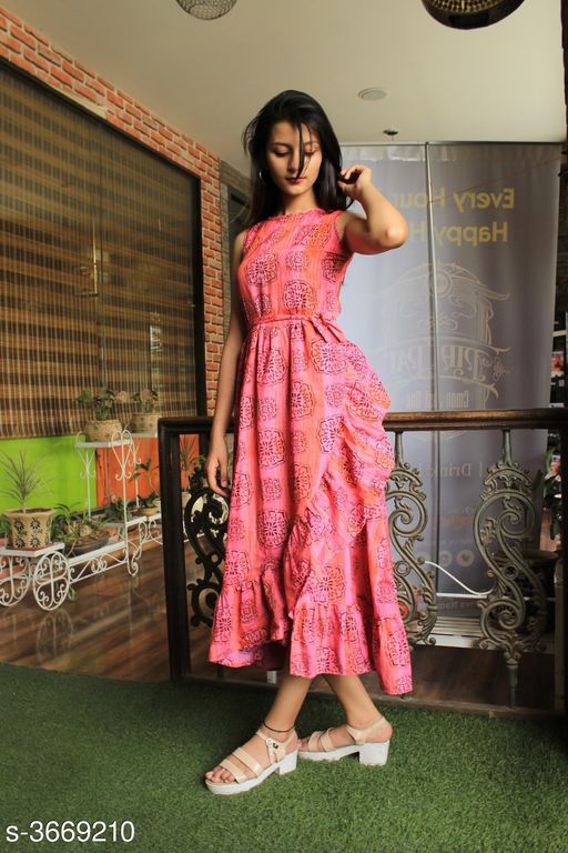 Women's Printed Pink Cotton Dress