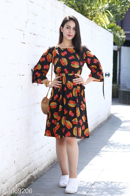 Women's Printed Black Cotton Dress