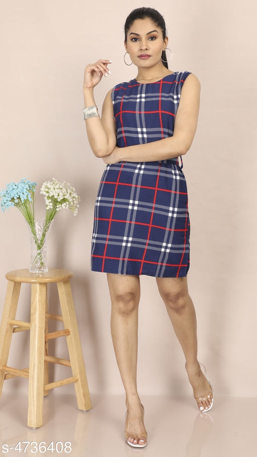 Women's Checked Navy Blue Crepe Dress