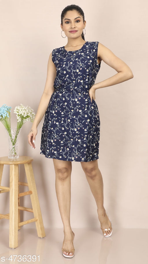 Women's Printed Navy Blue Crepe Dress 