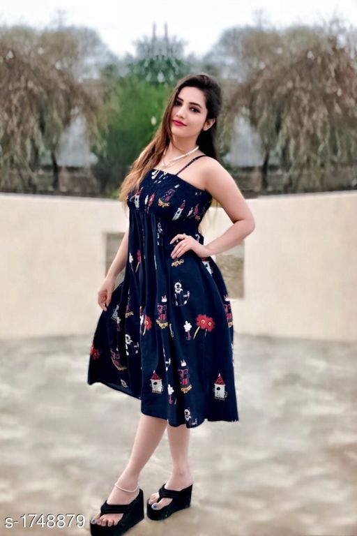 Women's Printed Navy Blue Cotton Dress